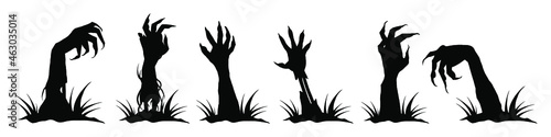 Set of Zombie hands black silhouette. A zombie hand crawls out of the ground. Scary hands suitable for Halloween. Vector illustration isolated on white background. EPS 10
