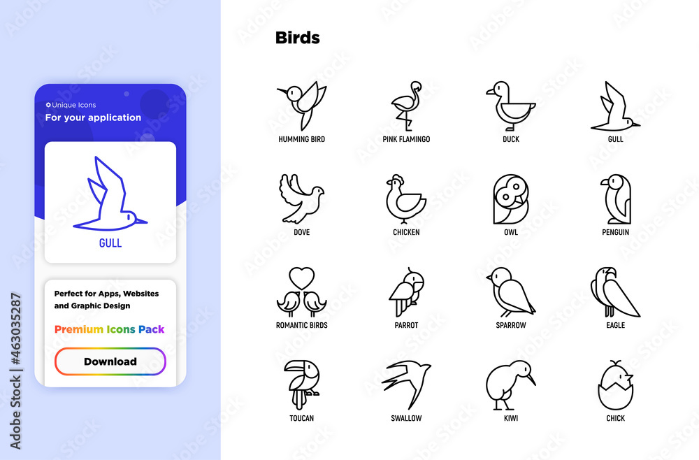 Naklejka premium Birds thin line icons set: dove, owl, penguin, sparrow, swallow, kiwi, parrot, eagle, humming bird, pink flamingo. Modern vector illustration.