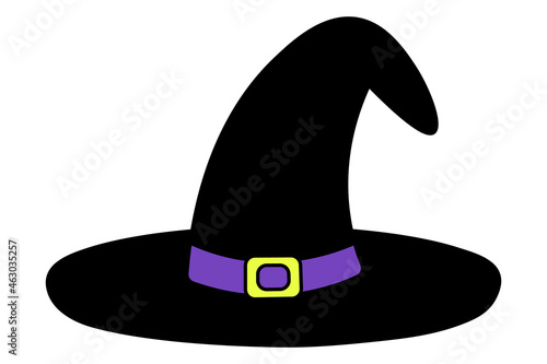 Witch hat. Silhouette. Vector illustration. Isolated white background. The fabulous headpiece is adorned with a purple ribbon and a yellow buckle. Halloween symbol. Decoration for All Saints Day. 