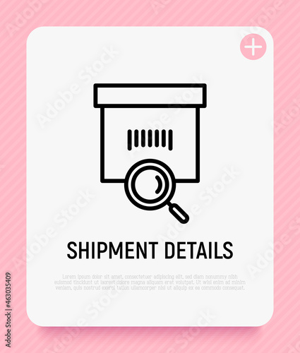 Shipment details thin line icon, package with magnifying glass Tracking of parcel. Modern vector illustration for delivery service.