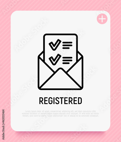 Open envelope with letter containing check mark. Confirmation of registration. Thin line icon. Modern vector illustration.
