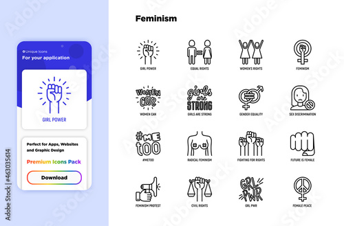 Feminism thin line icons set: women's rights, girl power, gender equality, sex dicrimination, me too, protest, girls are strong. Modern vector illustration.