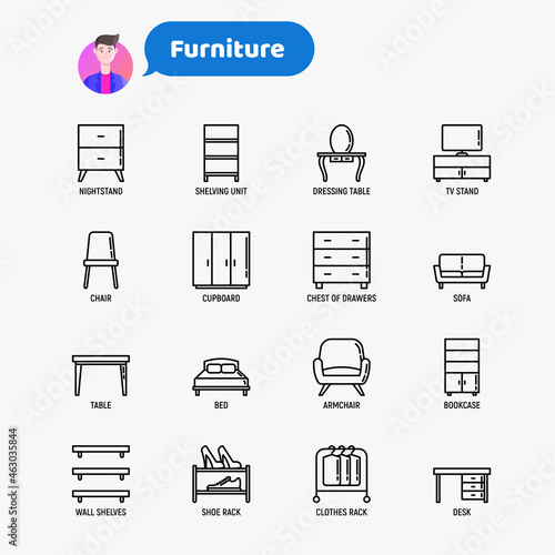 Furniture thin line icons set. Dressing table, sofa, armchair, wardrobe, chair, table, bookcase, bed, clothes rack, desk, wall shelves. Elements of interior. Vector illustration.