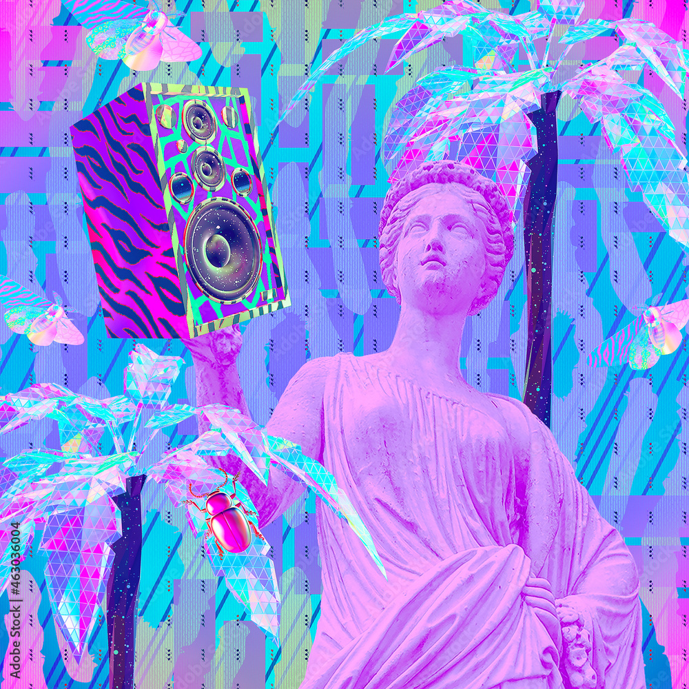 Contemporary minimal fashion concept collage. Antique statue Lady and Dj Disco stuff. Back in 90s party style. Zine and vapor wave cuture - obrazy, fototapety, plakaty 