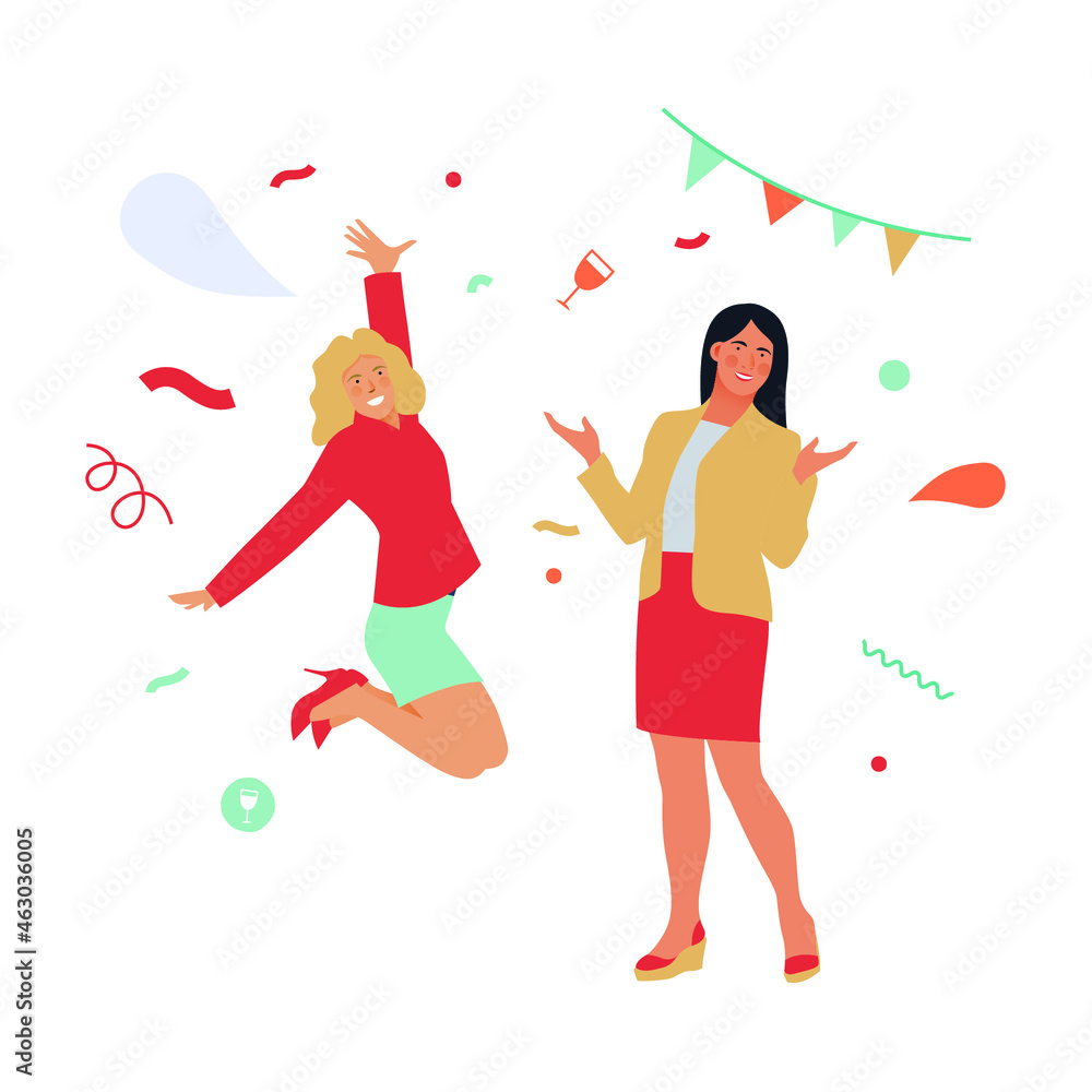 Happy Business Employee Women Jumping in the Air Cheerfully. Modern Flat Vector Illustration. Feeling and Emotion Social Media Concept. Happy Business Employee Women Jumping in the Air Cheerfully. Modern Flat Vector Illustration. Feeling and Emotion Social Media Concept.