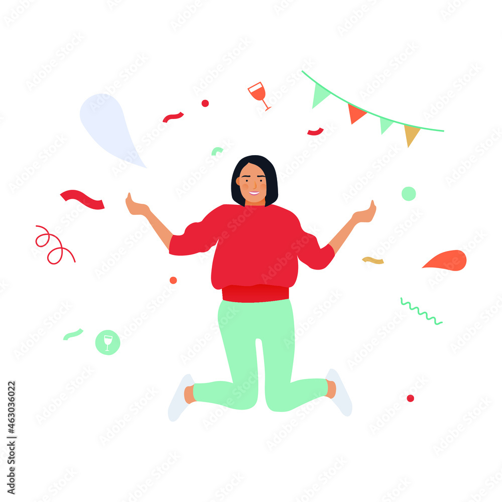 Happy Business Employee Woman Jumping in the Air Cheerfully. Modern Flat Vector Illustration. Feeling and Emotion Social Media Concept.