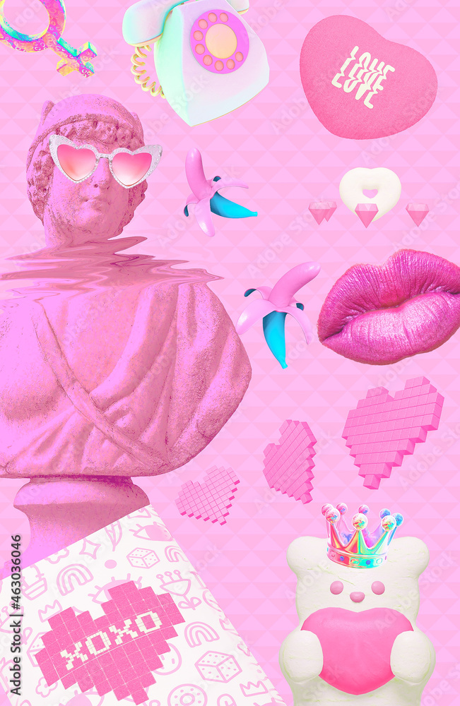 Contemporary minimal collage kit wallpaper. Antique statue Male and pink love vibes. Back in 80, 90s party style. Retro Zine and vapor wave cuture concept