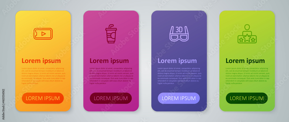 Set line 3D cinema glasses, Actor star, Online play video and Paper with water. Business infographic template. Vector Set line 3D cinema glasses, Actor star, Online play video and Paper with water. Business infographic template. Vector