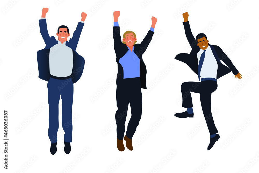 Set of Happy Business Employee Men Jumping in the Air Cheerfully. Modern Flat Vector Illustration. Feeling and Emotion Social Media Concept. Set of Happy Business Employee Men Jumping in the Air Cheerfully. Modern Flat Vector Illustration. Feeling and Emotion Social Media Concept.