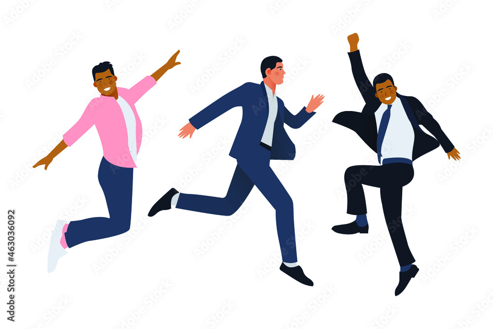Set of Happy Business Employee Men Jumping in the Air Cheerfully. Modern Flat Vector Illustration. Feeling and Emotion Social Media Concept.