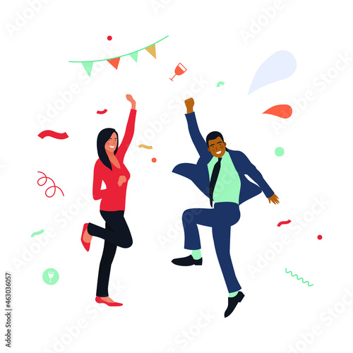 Happy Business Employee People Jumping in the Air Cheerfully. Modern Flat Vector Illustration. Feeling and Emotion Social Media Concept.