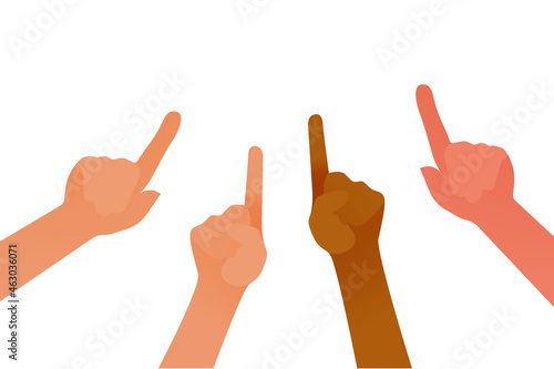 Many Thumbs of Different Race Pointing On Space on Isolated Background. Social Media Template.