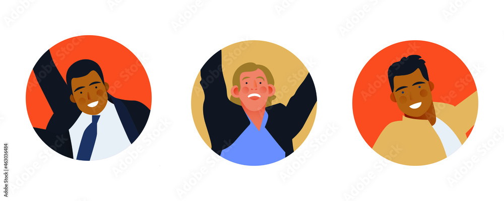 Fototapeta premium Happy Business Employee People Badges on Colorful Background. Modern Flat Vector Illustration. Feeling and Emotion Social Media Concept.
