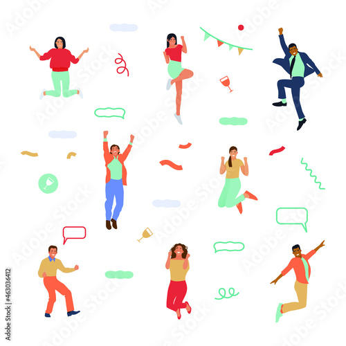 Happy Business Employee People Jumping in the Air Cheerfully. Modern Flat Vector Illustration. Feeling and Emotion Social Media Concept.