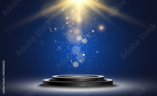 	
Winner background with signs of first, second and third place on a round pedestal. Vector winner podium sports symbols.	