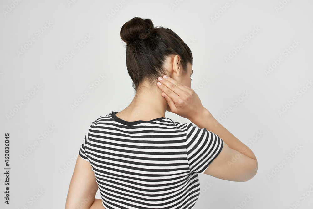 sick woman headache painful syndrome discomfort isolated background sick woman headache painful syndrome discomfort isolated background