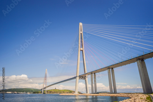 Cable-stayed bridge to Russian Island. Vladivostok. Russia. Vladivostok is the largest port on Russia's Pacific coast and the center of APEC Forum