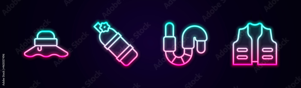 Set line Fisherman hat, Aqualung, Worm and Fishing jacket. Glowing neon icon. Vector Set line Fisherman hat, Aqualung, Worm and Fishing jacket. Glowing neon icon. Vector