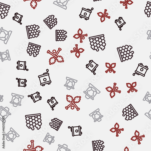 Set line Honey extractor, Honeycomb, Beekeeper with protect hat and dipper stick on seamless pattern. Vector