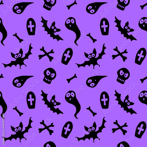 Happy Halloween-seamless pattern with set of characters-bats  ghosts  skulls and bones. Textured background for greeting card  invitation  party poster  banner