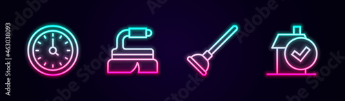 Set line Clock, Brush for cleaning, Rubber plunger and Home service. Glowing neon icon. Vector