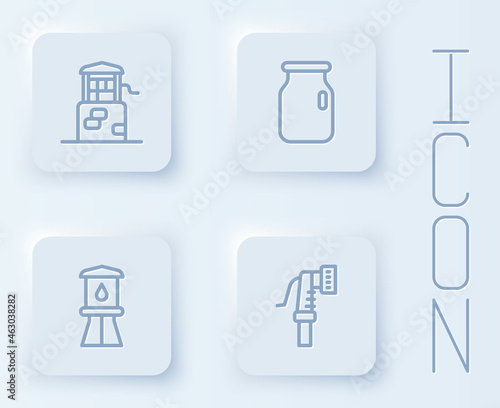 Set line Well, Glass jar with screw-cap, Water tower and Garden hose. White square button. Vector