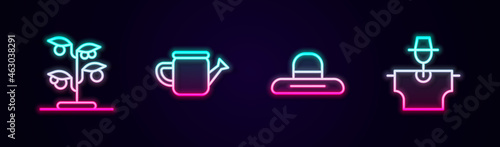 Set line Sprout, Watering can, Farmer worker hat and Scarecrow. Glowing neon icon. Vector