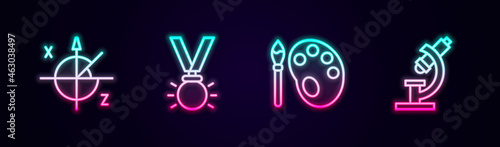 Set line Trigonometric circle, Medal, Paint brush with palette and Microscope. Glowing neon icon. Vector
