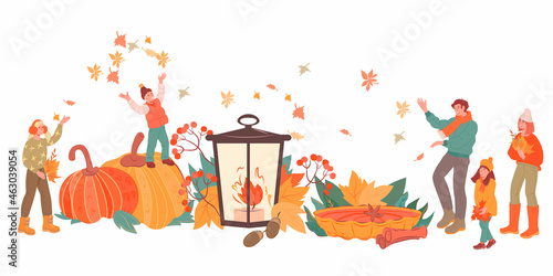  Happy family with kids greeting autumn at backdrop of huge seasonal food and pumpkins with yellow autumn leaves, flat vector illustration isolated on white background. Fall autumn season background.