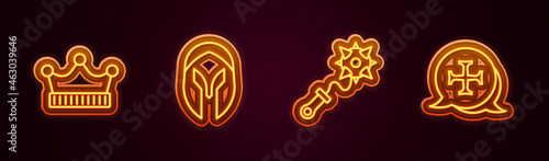 Set line King crown, Medieval helmet, Mace with spikes and Crusade. Glowing neon icon. Vector