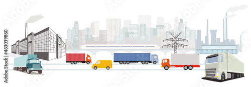 Fabrikanlagen und LKW Verkehr, Industrie illustration
