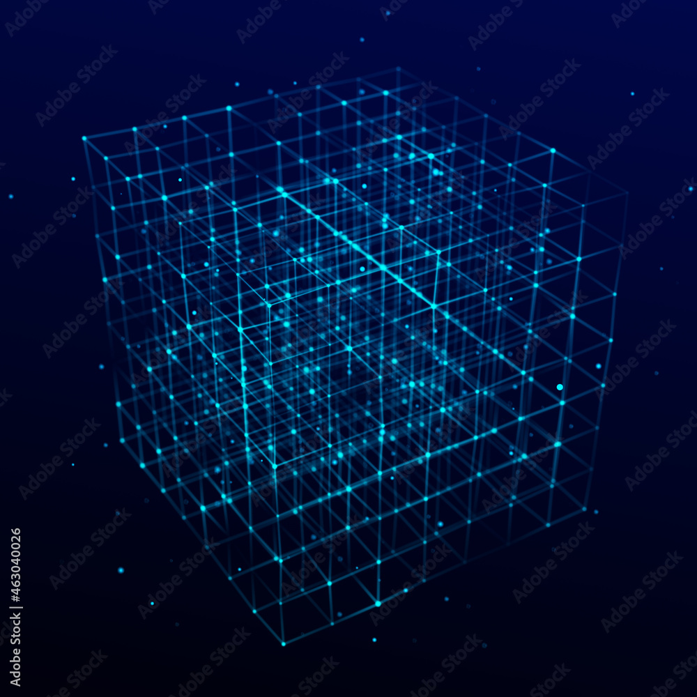 Fototapeta premium Technology block chain network connection. Big data visualization. Cyber security background. Cube, consisting of block. 3D rendering.