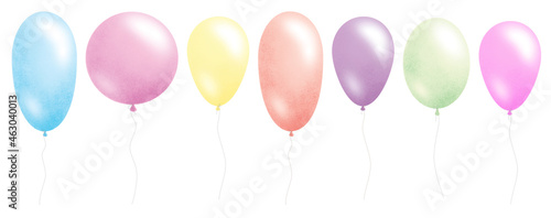 Air multicolored balloons with threads are located in stitching on a white background 