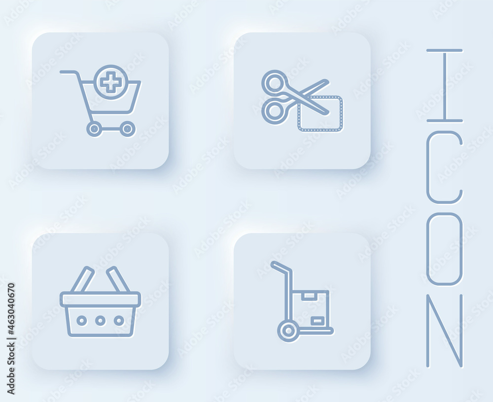 Set line Add to Shopping cart, Scissors cuts discount coupon, basket and Hand truck and boxes. White square button. Vector Set line Add to Shopping cart, Scissors cuts discount coupon, basket and Hand truck and boxes. White square button. Vector