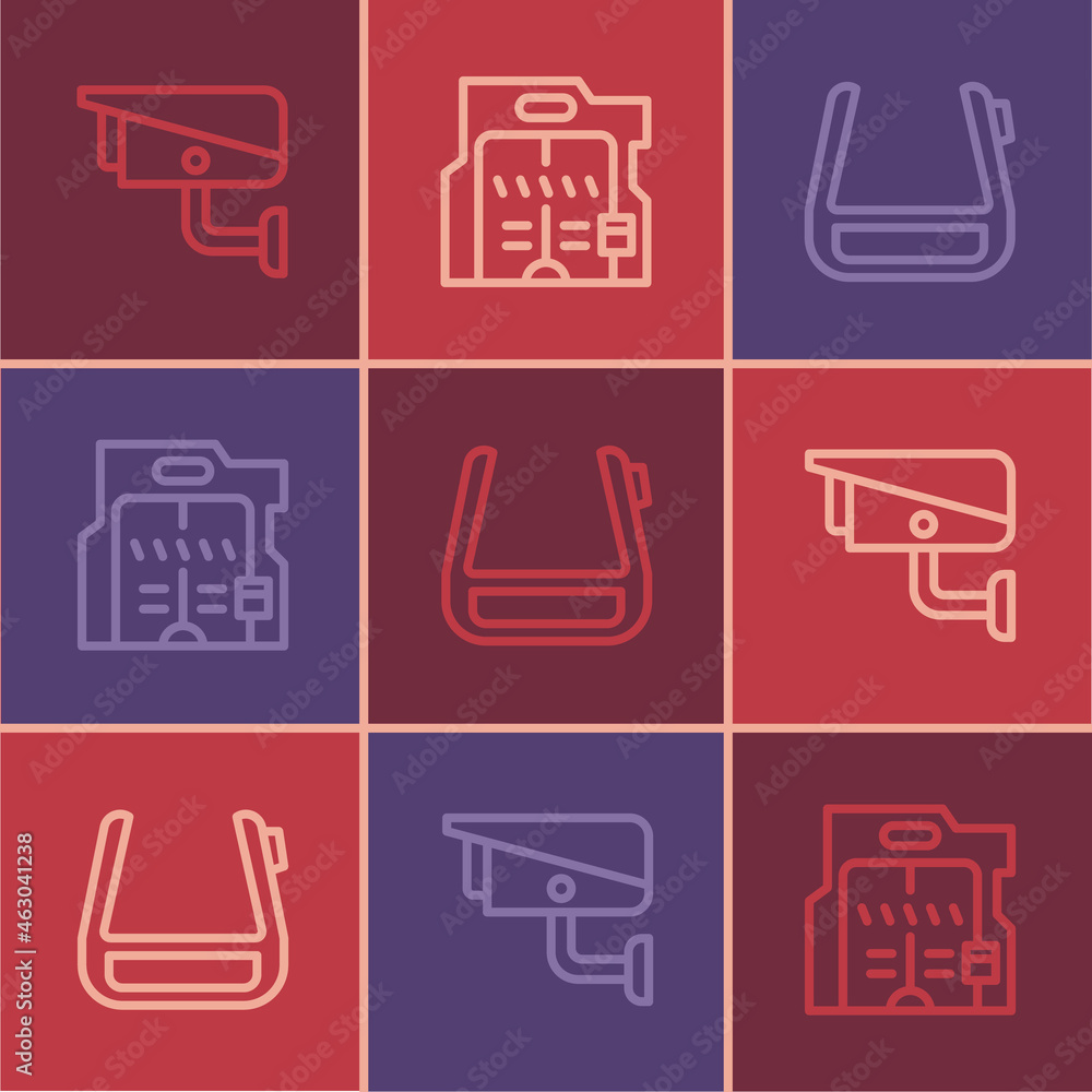 Set line Security camera, Smart glasses on spectacles and Futuristic sliding doors icon. Vector Set line Security camera, Smart glasses on spectacles and Futuristic sliding doors icon. Vector