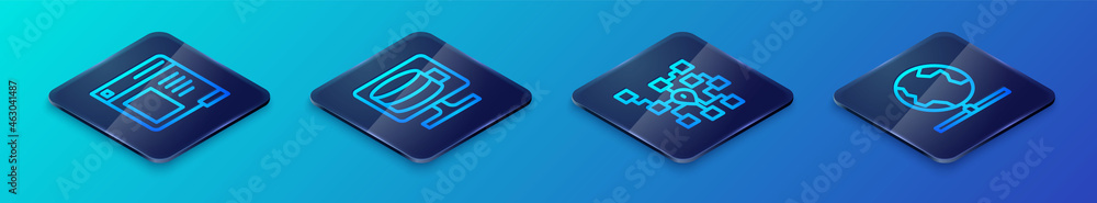 Set Isometric line Neural network, Browser window, Global technology and Cloud database icon. Vector Set Isometric line Neural network, Browser window, Global technology and Cloud database icon. Vector