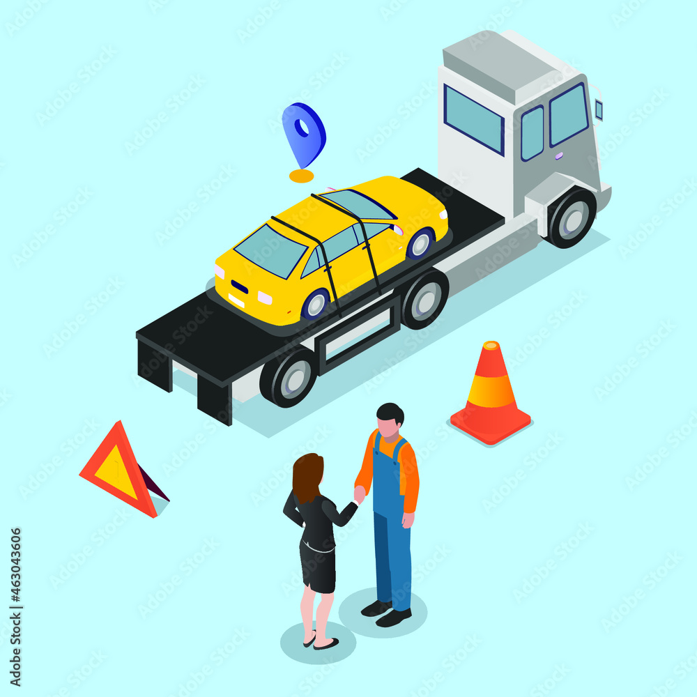 Male tow truck operator hand shake with a woman 3d isometric vector illustration concept for banner, website, landing page, ads, flyer template - obrazy, fototapety, plakaty 
