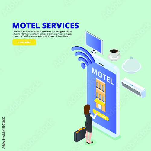 Woman booking motel online isometric 3D vector illustration concept for banner, website, landing page, ads, flyer template