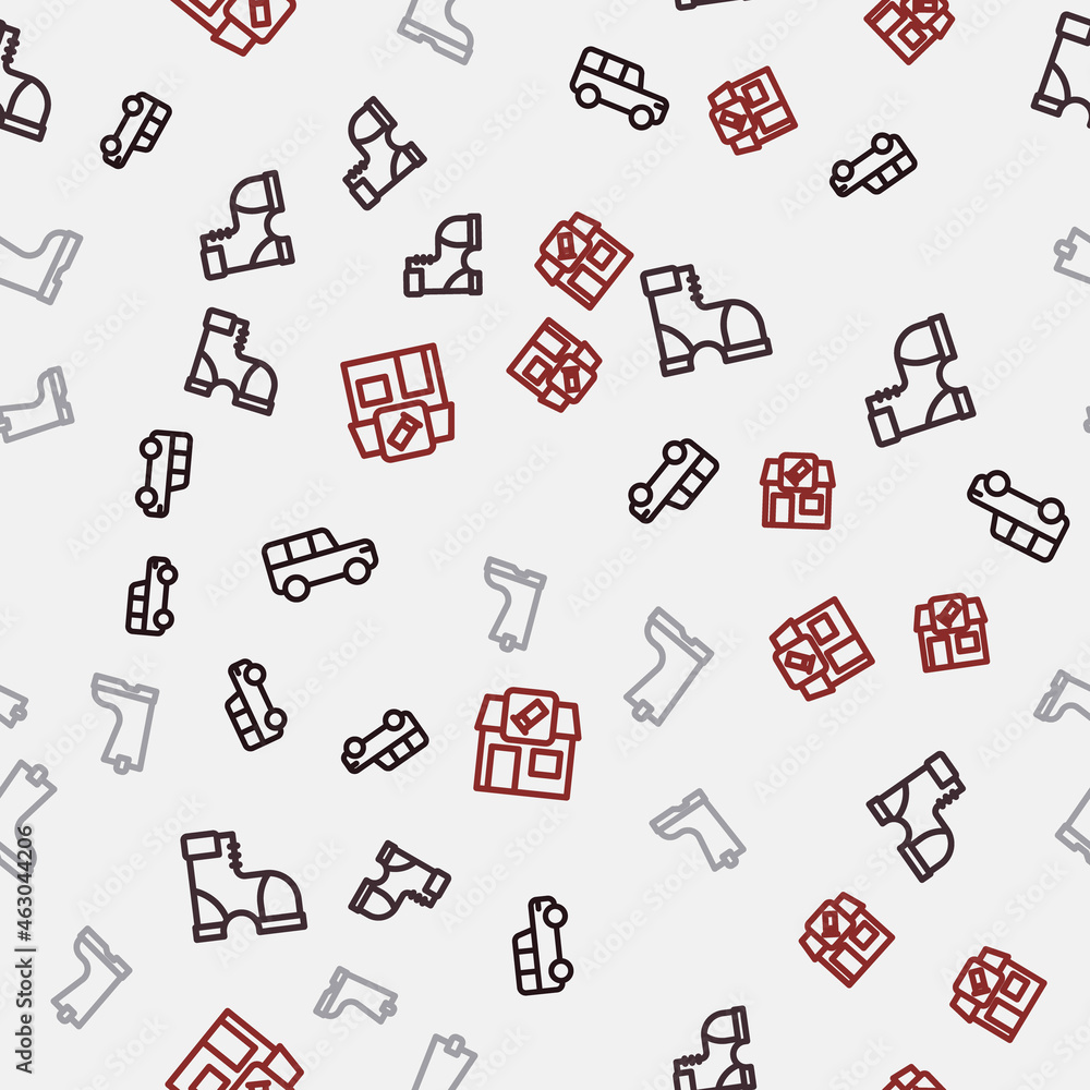 Set line Safari car, Hunter boots, Waterproof rubber and Hunting shop on seamless pattern. Vector Set line Safari car, Hunter boots, Waterproof rubber and Hunting shop on seamless pattern. Vector