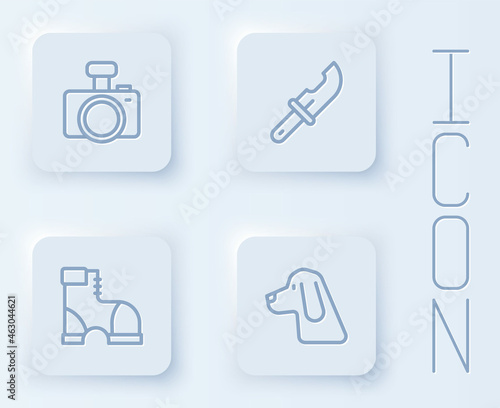 Set line Photo camera, Hunter knife, boots and Hunting dog. White square button. Vector