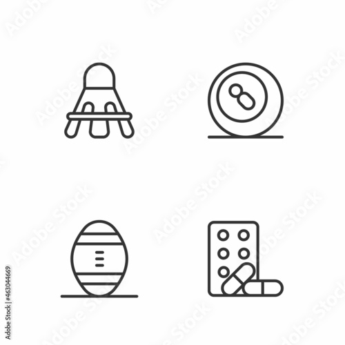 Set line Sports doping with dumbbell, American Football ball, Badminton shuttlecock and Billiard pool snooker icon. Vector