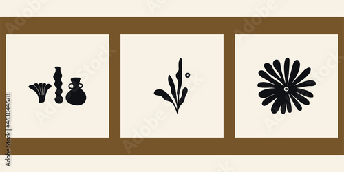 Trendy colorful vector illustration for social networks, web design in vintage boho style. Set of three abstract minimalist aesthetic backgrounds with lines, sun, vases, shells, flower, plant.