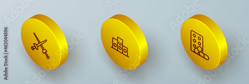Set Isometric line Fencing, Award over sports winner podium and Sports doping with dumbbell icon. Vector