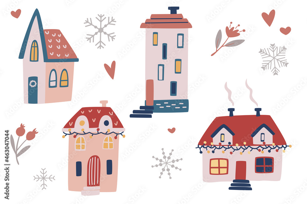 Christmas hand draw houses. Set of rustic winter houses. Perfect for design, cards, posters, banners. Vector cartoon illustration holidays elements.