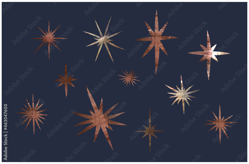 A set of bronze vector stars on a blue background. Elements for the design of postcards for the new year, Christmas.