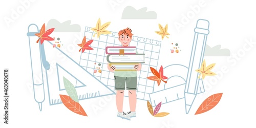 Cute schoolboys against backdrop of school supplies and stationery. Back to school banner backdrop. Schooling and kids education, flat cartoon vector illustration isolated on white background.