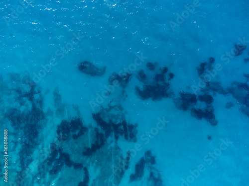 Sea surface. Turquoise color of water. Aerial drone view. of transparent sea. Seascape at summer. 