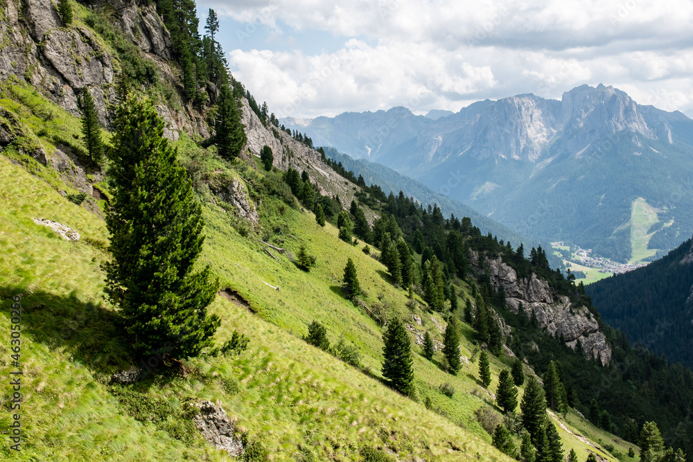 Alpine panorama in the Dolomites of Val di Fassa.