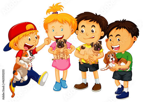 Children holding their pets cartoon character