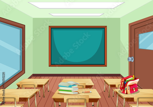 Empty classroom interior with chalkboard